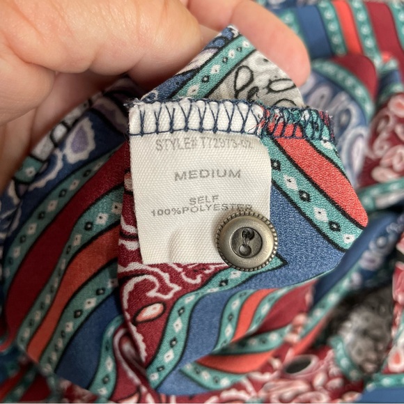 Altar'd State Blue/Multicolor Print Bohemian Blouse w/Bell Sleeves and Tie Front - Picture 5 of 8